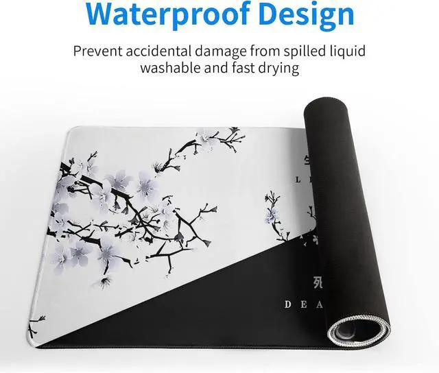 Alt view image 4 of 7 - Black and White Japanese Cherry Blossom Gaming Mouse Pad Sakura Death Life Flower Mat 31.5x11.8 Inch Texture Non-Slip Rubber Base Mousepad Stitched Edges Keyboard Desk Pad for Office Home Game