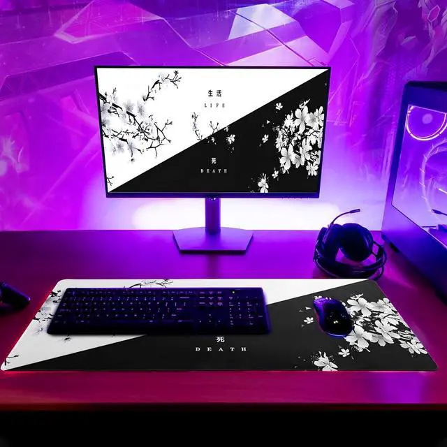 Alt view image 6 of 7 - Black and White Japanese Cherry Blossom Gaming Mouse Pad Sakura Death Life Flower Mat 31.5x11.8 Inch Texture Non-Slip Rubber Base Mousepad Stitched Edges Keyboard Desk Pad for Office Home Game
