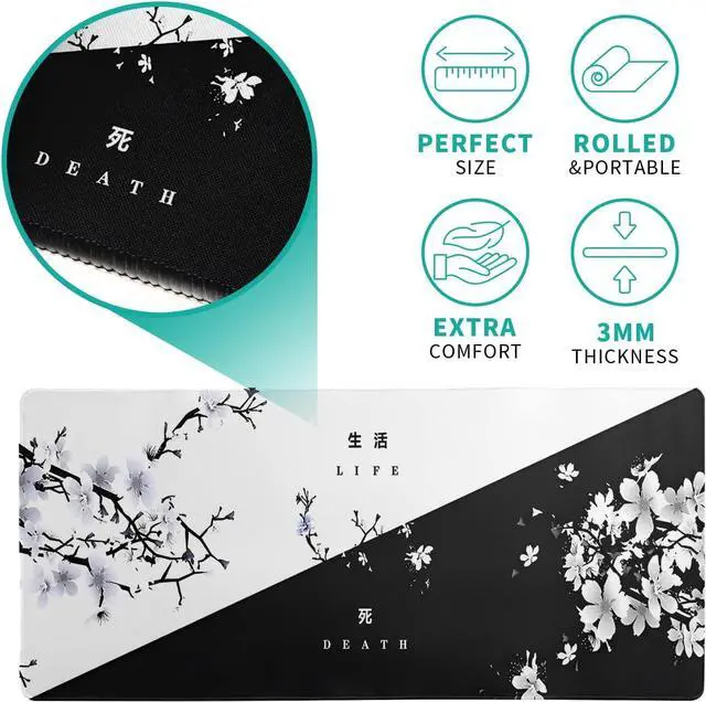 Alt view image 5 of 7 - Black and White Japanese Cherry Blossom Gaming Mouse Pad Sakura Death Life Flower Mat 31.5x11.8 Inch Texture Non-Slip Rubber Base Mousepad Stitched Edges Keyboard Desk Pad for Office Home Game