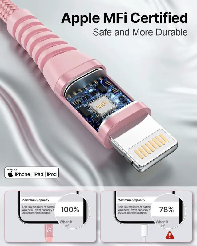 Alt view image 2 of 7 - iPhone Charger 6ft 2Pack  Certified USB A to Lightning Cable Nylon Braided Phone Charger Cord Fast Charging for iPhone 14 13 12 11 Pro Xr Xs Max 10 8 7Plus 6 SE -Pink
