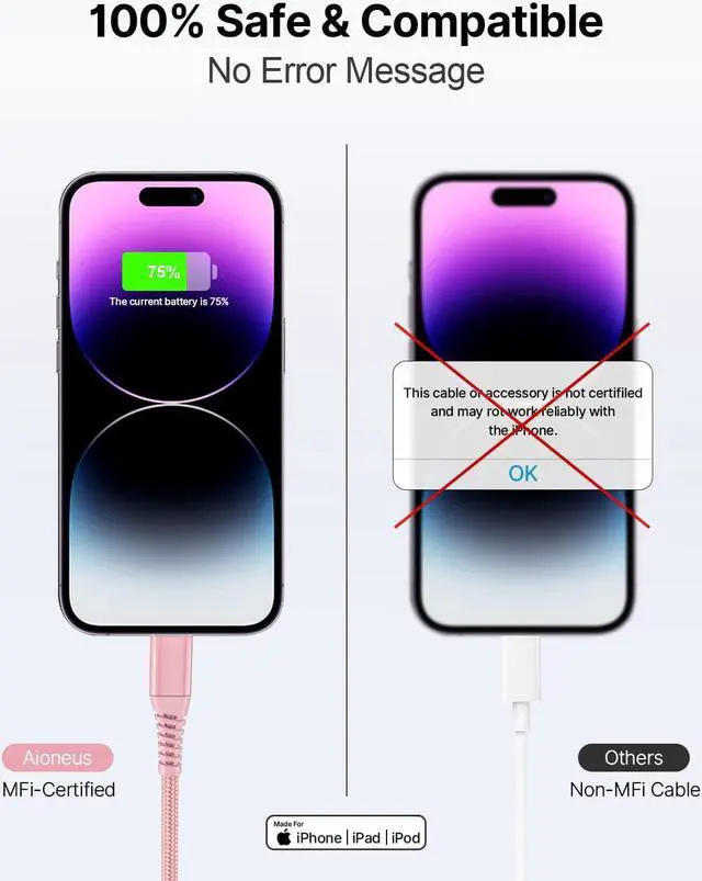 Alt view image 3 of 7 - iPhone Charger 6ft 2Pack  Certified USB A to Lightning Cable Nylon Braided Phone Charger Cord Fast Charging for iPhone 14 13 12 11 Pro Xr Xs Max 10 8 7Plus 6 SE -Pink