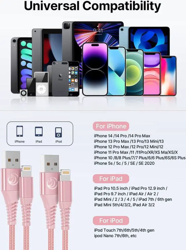 Alt view image 7 of 7 - iPhone Charger 6ft 2Pack  Certified USB A to Lightning Cable Nylon Braided Phone Charger Cord Fast Charging for iPhone 14 13 12 11 Pro Xr Xs Max 10 8 7Plus 6 SE -Pink