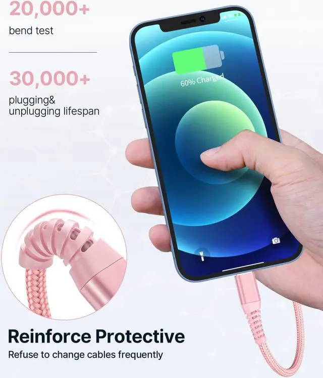 Alt view image 5 of 7 - iPhone Charger 6ft 2Pack  Certified USB A to Lightning Cable Nylon Braided Phone Charger Cord Fast Charging for iPhone 14 13 12 11 Pro Xr Xs Max 10 8 7Plus 6 SE -Pink
