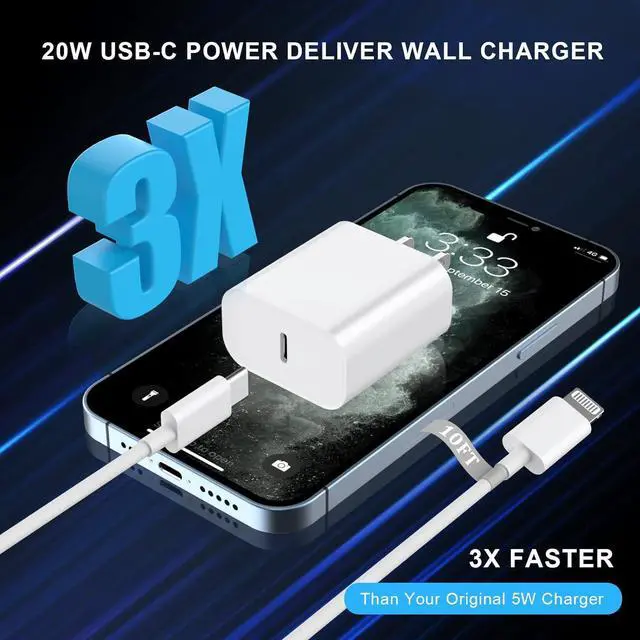 Alt view image 3 of 7 - iPhone Charger Fast Charging 10 FT 2 Pack 20W USB C Wall Charger Block with 10FT Long Type C to Lightning Fast Charging Data Sync Cable Compatible for iPhone 14 13 12 11 Pro Max XS XR X iPad