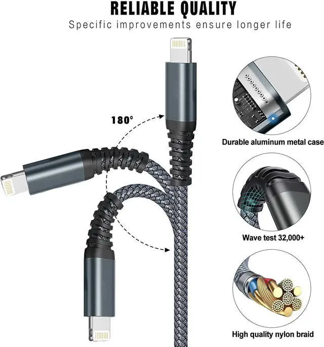 Alt view image 2 of 6 - iPhone Charger MFi Certified Lightning Cable 3Pack 6FT iPhone Charger Cord Fast Charging Nylon Braided Apple Charger Compatible with iPhone 14/13/12/11/X/Pro/Max/8/7/6/6S/SE/Plus/iPad(Gray)
