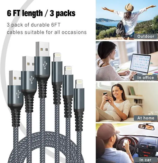 Alt view image 6 of 6 - iPhone Charger MFi Certified Lightning Cable 3Pack 6FT iPhone Charger Cord Fast Charging Nylon Braided Apple Charger Compatible with iPhone 14/13/12/11/X/Pro/Max/8/7/6/6S/SE/Plus/iPad(Gray)