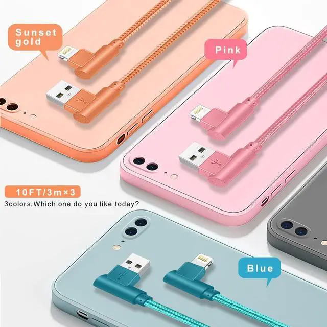 Alt view image 2 of 7 - iPhone Charger 3 Pack 10FT 90 Degree Charging Cable MFi Certified USB Lightning Cable Nylon Braided Fast Charging Cord Compatible for iPhone 14/13/12/11/X/Max/8/7/6/6S/5/5S/SE/Plus/iPad (10FT)