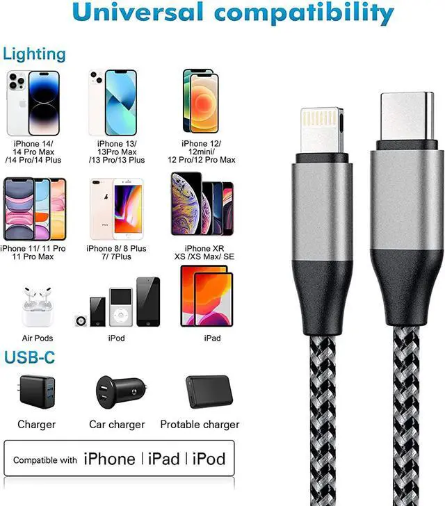Alt view image 6 of 7 - iPhone USB C to Lightning Cable 2 Pack 10ft MFi 20W iPhone Fast Charger Nylon Braided Extra Long Cord Compatible with iPhone 14/13/12/12 Pro Max/12 Pro/11/11 Pro/X/XS/XR/XS Max/8/8 Plus/SE
