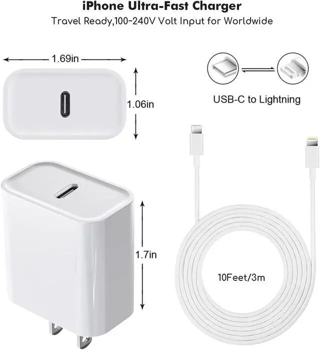 Alt view image 6 of 7 - Fast iPhone Charger Quick 10Foot USBC Wall Charger Phone Charger 2Pack 20W PD USB C Fast Charger Block + 10FT Lightning Fast Charging Cable for iPhone 14/Pro/Pro Max/Plus/13/12/11/XS/XR/X/SE2022/iPad