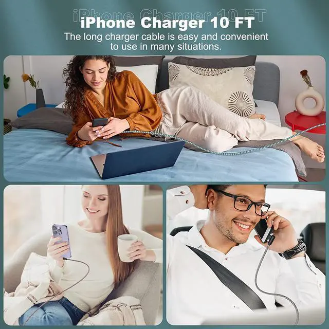 Alt view image 6 of 7 - 3 Pack iPhone Charger 10FT [ MFi Certified] Right Angle Lightning Cable Fast Charging Cord Car Cable for iPhone 14 13 12 11 Pro/Pro Max/Mini/XS/XR/8 7 Plus iPad CarPlay