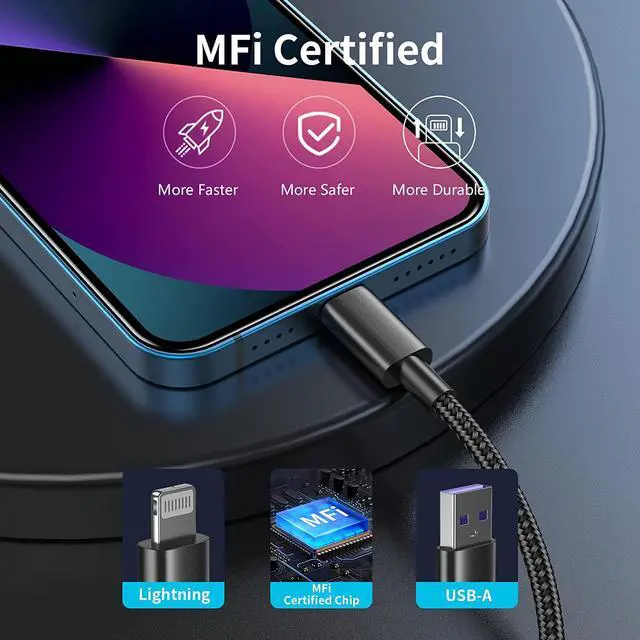 Alt view image 2 of 7 - 5Pack [Apple MFi Certified] iPhone Charger 3ft Lightning to USB Cable Nylon Braided Fast iPhone Charging Cables Cord for iPhone13 Pro Max/12 Pro/11 Mini/XR/Xs/X/8/7/Plus/6S/6/SE/iPad