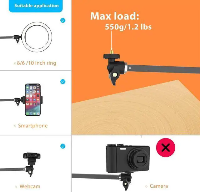 Alt view image 3 of 6 - Long Overhead Tripod Mount for iPhone Webcam Ring Light, Gooseneck Desk Phone Arm Holder for Over Head Video Recording Filming Live Streaming, Webcam Tripod Stand with Articulating Arm