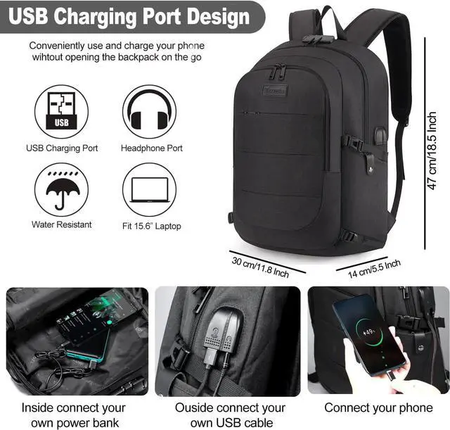 Alt view image 2 of 6 - Tzowla Business Laptop Backpack Anti-Theft College Backpack with USB Charging Port and Lock 15.6 Inch Computer Backpacks for Women Men, Casual Hiking Travel Daypack (Black)