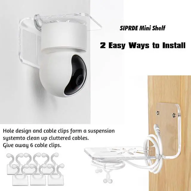 Alt view image 6 of 7 - SIPRDE Acrylic Small Wall Shelf Set of 3 for Security Cameras, Speakers, Baby Monitors & More - 4'' Universal Adhesive Shelf Easy to Install No Drill, with Cable Clips (Clear)