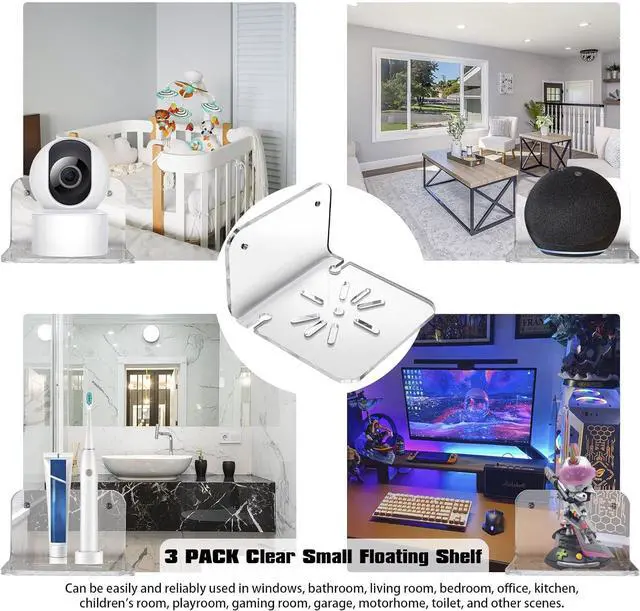 Alt view image 7 of 7 - SIPRDE Acrylic Small Wall Shelf Set of 3 for Security Cameras, Speakers, Baby Monitors & More - 4'' Universal Adhesive Shelf Easy to Install No Drill, with Cable Clips (Clear)