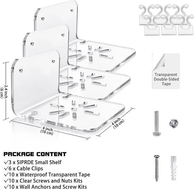 Alt view image 2 of 7 - SIPRDE Acrylic Small Wall Shelf Set of 3 for Security Cameras, Speakers, Baby Monitors & More - 4'' Universal Adhesive Shelf Easy to Install No Drill, with Cable Clips (Clear)