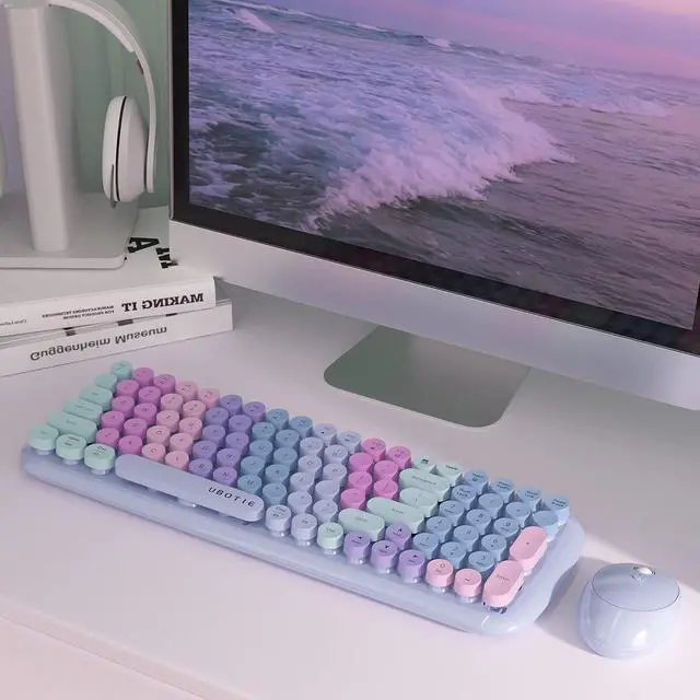 Alt view image 4 of 7 - Wireless Keyboards and Mouse Combos, UBOTIE Colorful Gradient Rainbow Colored Retro Typewriter Flexible Keyboard, 2.4GHz Connection and Optical Mouse