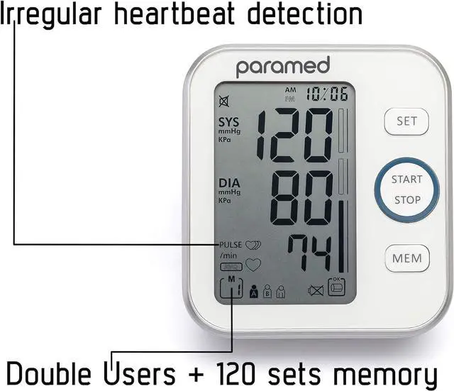 Alt view image 2 of 7 - Paramed Blood Pressure Monitor - Bp Machine - Automatic Upper Arm Blood Pressure Cuff 8.7-16.5 inches - Large LCD Display 120 Sets Memory - Device Bag & Batteries Included