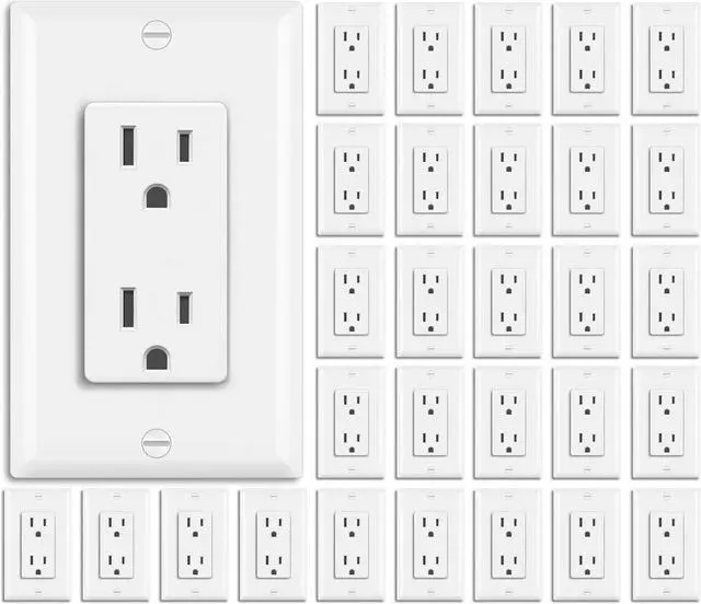 Main image of BESTTEN 30 Pack 15 Amp Decorator Receptacle Outlet, Decor Standard Electrical Wall Outlet, Residential and Commercial Use, Non-Tamper-Resistant,15A/125V/1875W, Wallplate Included, UL Listed, White