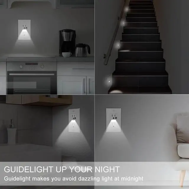 Alt view image 2 of 6 - SOZULAMP Night Light Wall Outlet-Easy to Install,Standard Electrical Outlets with Nightlight,White,2 Pole 3 Wire,Non-Tamper Resistant,Wall Plate Included(4Pack,Daylight White LED)