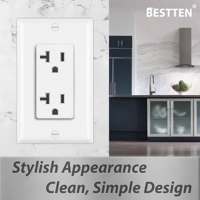 Alt view image 7 of 7 - BESTTEN 10 Pack 20 Amp Decor Receptacle Outlet, Standard Electrical Wall Outlet with Wallplate, 20A/125V/2500W, Non-Tamper-Resistant, UL Listed, White