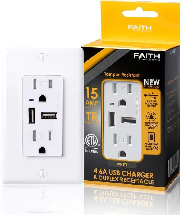 Alt view image 2 of 7 - Faith [10-Pack] 4.6A USB Outlet High Speed Charger, 15A Tamper-Resistant Receptacle with Wall Plate, 2 Outlets & 2 USB Ports, Compatible w/iPhone, iPad, Android, Samsung Devices & More, 10-Pack, White