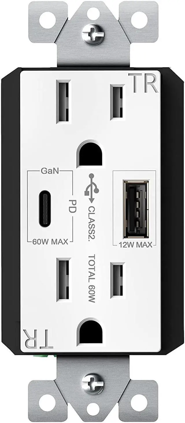 Main image of TOPGREENER GaN PD USB Outlet, Type C Wall Outlet Up to 65W Power Delivery, 15Amp Ultra-Speed USB C Outlet, Tamper-Resistant Receptacles for Laptops, Tablets, Smartphones, TU215PD60AC-W, White