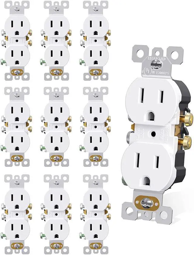 Main image of AIDA 10 Pack 15A 125V Duplex Heavy-Duty Receptacle Outlet, Electrical Outlet Electrical Wall Outlets, Duplex Receptacle Outlet, Residential Grade, 2-Pole 3-Wire, Self-Grounding Clip, UL Listed, White