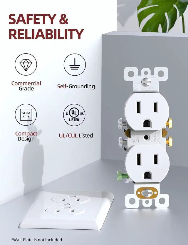 Alt view image 2 of 7 - AIDA 10 Pack 15A 125V Duplex Heavy-Duty Receptacle Outlet, Electrical Outlet Electrical Wall Outlets, Duplex Receptacle Outlet, Residential Grade, 2-Pole 3-Wire, Self-Grounding Clip, UL Listed, White