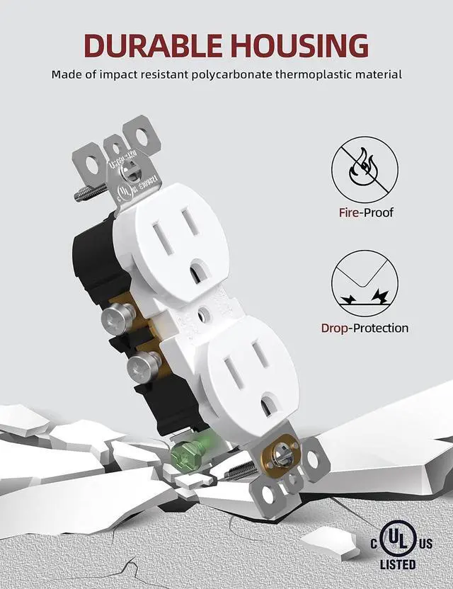 Alt view image 3 of 7 - AIDA 10 Pack 15A 125V Duplex Heavy-Duty Receptacle Outlet, Electrical Outlet Electrical Wall Outlets, Duplex Receptacle Outlet, Residential Grade, 2-Pole 3-Wire, Self-Grounding Clip, UL Listed, White