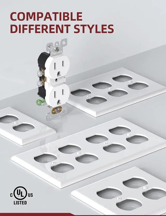Alt view image 4 of 7 - AIDA 10 Pack 15A 125V Duplex Heavy-Duty Receptacle Outlet, Electrical Outlet Electrical Wall Outlets, Duplex Receptacle Outlet, Residential Grade, 2-Pole 3-Wire, Self-Grounding Clip, UL Listed, White