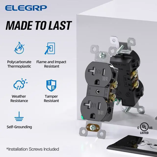 Alt view image 3 of 6 - ELEGRP Duplex Receptacle with Wall Plate, 20A 125V Standard Electrical Wall Outlet, TR Tamper Resistant & WR Weather Resistant, 2 Pole 3 Wire, Self-Grounding, UL Listed, Glossy Black, 10 Pack