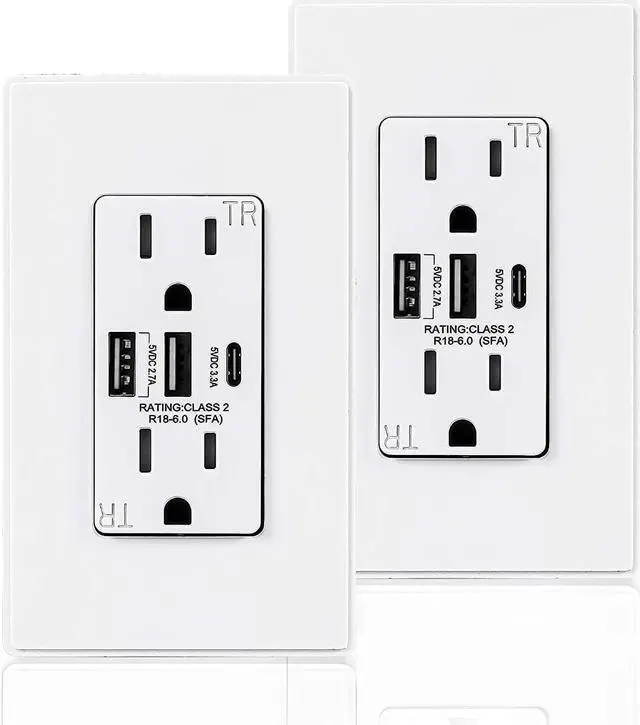 Main image of Coby USB Wall Outlet Dual High Speed 6.0 Amp USB Ports with Smart Chip, USB Type C Port, 15A Duplex Tamper Resistant Receptacle Electrical Outlet, Pack of 2