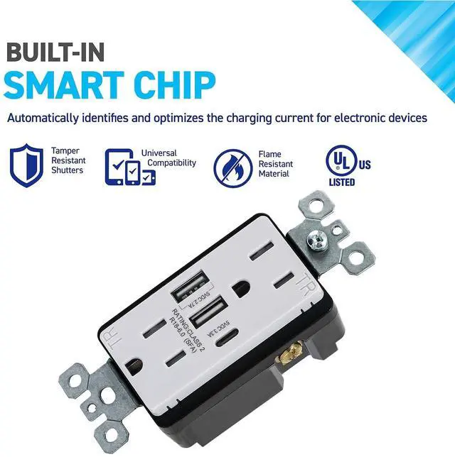 Alt view image 4 of 6 - Coby USB Wall Outlet Dual High Speed 6.0 Amp USB Ports with Smart Chip, USB Type C Port, 15A Duplex Tamper Resistant Receptacle Electrical Outlet, Pack of 2
