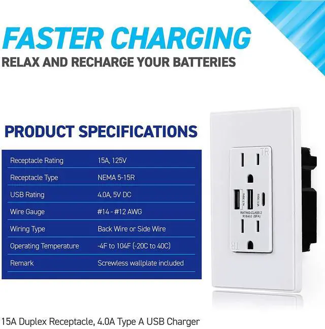Alt view image 6 of 6 - Coby USB Wall Outlet Dual High Speed 6.0 Amp USB Ports with Smart Chip, USB Type C Port, 15A Duplex Tamper Resistant Receptacle Electrical Outlet, Pack of 2