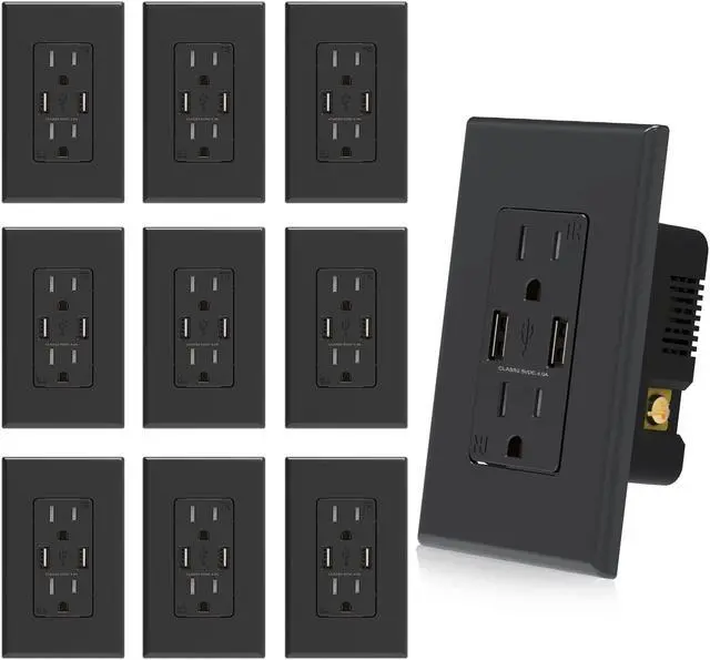 Main image of ELEGRP USB Wall Outlet Receptacle with Dual 4.0 A USB Ports, 15 Amp Duplex Tamper Resistant Receptacle, Charging Power Outlet with USB Ports, Wall Plate Included, UL Listed (10 Pack, Glossy Black)