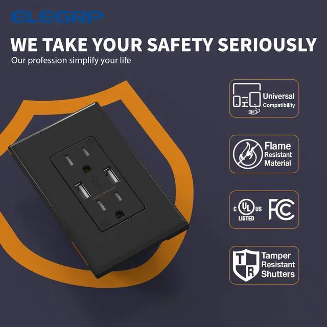 Alt view image 4 of 6 - ELEGRP USB Wall Outlet Receptacle with Dual 4.0 A USB Ports, 15 Amp Duplex Tamper Resistant Receptacle, Charging Power Outlet with USB Ports, Wall Plate Included, UL Listed (10 Pack, Glossy Black)