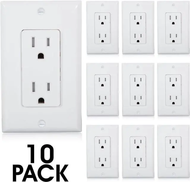 Alt view image 7 of 7 - Maxxima Tamper Resistant Duplex Receptacle - Standard Decorative Electrical Wall Outlet 15A, Contractor Pack, Wall Plates Included - White - 10 Pack