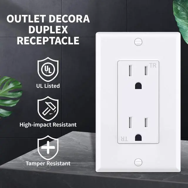 Alt view image 2 of 7 - Micmi Decorator Receptacle Outlet, Decorative Socket Outlet, 15 Amp 125 Volt, Tamper Resistant, Grounding UL Listed White (15A Outlet with wallplates 10pack)