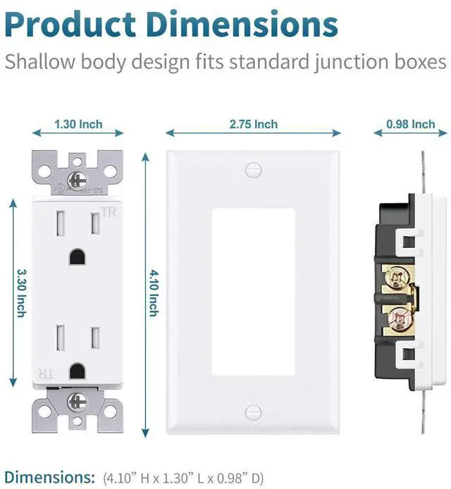 Alt view image 4 of 7 - Micmi Decorator Receptacle Outlet, Decorative Socket Outlet, 15 Amp 125 Volt, Tamper Resistant, Grounding UL Listed White (15A Outlet with wallplates 10pack)