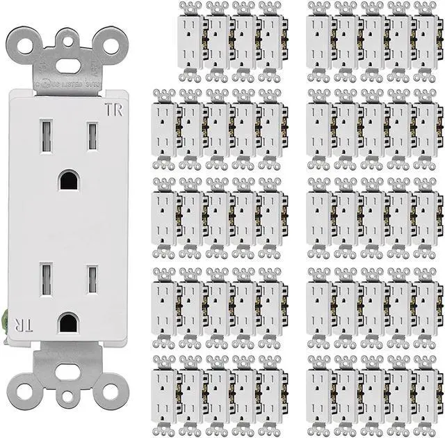 Main image of 15 Amp Decorator Wall Recetpacle Outlet, 50 Pack Tamper Resistant (TR) Decor Standard Electrical Outlets, 15A/125V, 2 Pole 3 Wire, UL Listed, White