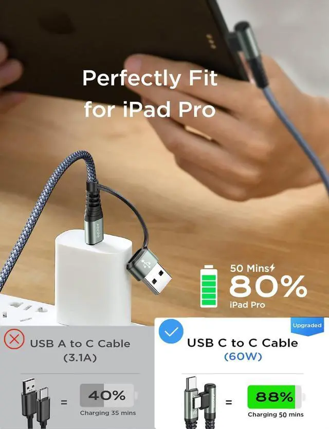 Alt view image 7 of 7 - 2-???????? USB C Cale Right Angle with USB to U SB C Adapter 60W Fast Charging Cable for iPad and USB C to U SB C Devices 6.6FT Carplay Type C Cable fit iPhone 16 15 Pro iPad  Series