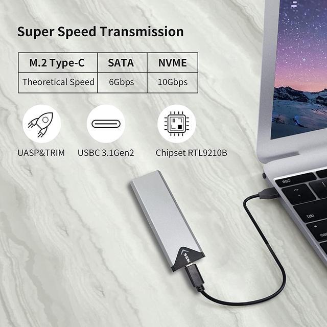 Alt view image 2 of 6 - Aluminum M.2 NVME SATA SSD Enclosure Adapter USB 3.2 Gen 2 (10 Gbps) to NVME PCI-E SATA M-Key/(B+M) Key Solid State Drive External Enclosure Support UASP Trim for NVME/SATA SSDs 2242/2260/2280