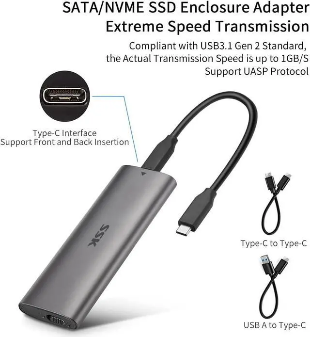 Alt view image 3 of 6 - Aluminum M.2 to USB NVMe SATA SSD Enclosure Reader Tool-Free USB 3.2 Gen 2 10Gbps NVMe PCI-E 6Gbps SATA M-Key / B+M Key Solid State Drive External Adapter With UASP Trim for SSDs 2242 2260 2280