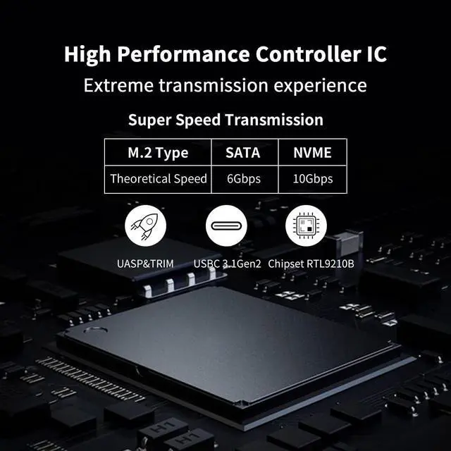 Alt view image 5 of 6 - Aluminum M.2 to USB NVMe SATA SSD Enclosure Reader Tool-Free USB 3.2 Gen 2 10Gbps NVMe PCI-E 6Gbps SATA M-Key / B+M Key Solid State Drive External Adapter With UASP Trim for SSDs 2242 2260 2280