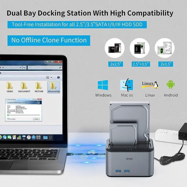 Alt view image 5 of 7 - Hard Drive Dock SSK USB 3.0 to SATA I/II/III Dual Bay Aluminum External Hard Drive Docking Station for 2.5 3.5 inch SATA HDD SSD Support UASP, 2x16TB + 2 USB3.0 Ports (Not Support Offline Clone)