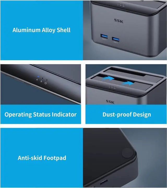 Alt view image 6 of 7 - Hard Drive Dock SSK USB 3.0 to SATA I/II/III Dual Bay Aluminum External Hard Drive Docking Station for 2.5 3.5 inch SATA HDD SSD Support UASP, 2x16TB + 2 USB3.0 Ports (Not Support Offline Clone)