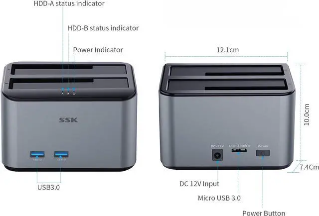 Alt view image 7 of 7 - Hard Drive Dock SSK USB 3.0 to SATA I/II/III Dual Bay Aluminum External Hard Drive Docking Station for 2.5 3.5 inch SATA HDD SSD Support UASP, 2x16TB + 2 USB3.0 Ports (Not Support Offline Clone)