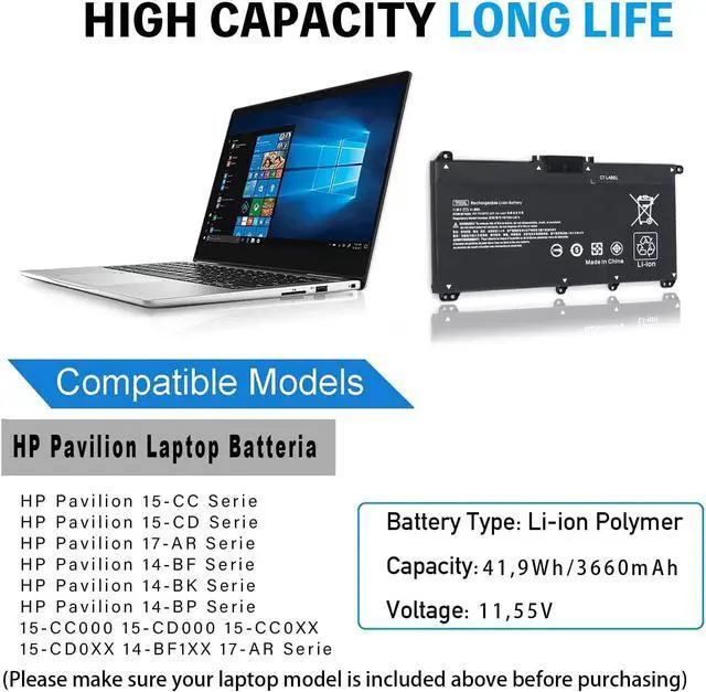 Alt view image 2 of 7 - TF03XL HT03XL L11119-855 Laptop Battery for HP Pavilion x360 15 14m-cd0003dx 14m-cd0001dx 15-cc563st 15-CC023CL 17-ar050wm 15-ck 15-cc 14-bf 14-ce 14-ck 14-bk 17-ar series HTO3XL Notebook Replacement