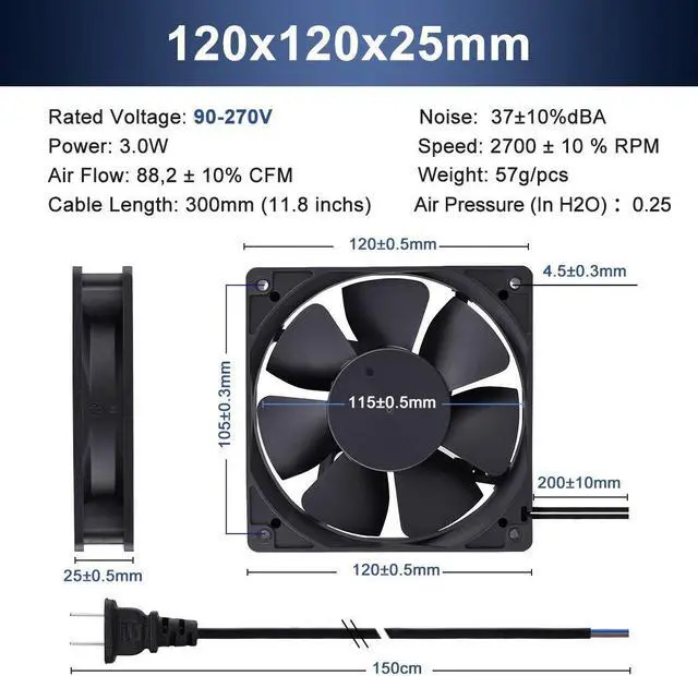 Alt view image 2 of 7 - Wathai EC 120mm x 25mm Ball DIY Cooling Ventilation Exhaust Fan 110V 115V 120V 220V 240V AC Axial Case Muffin Fan